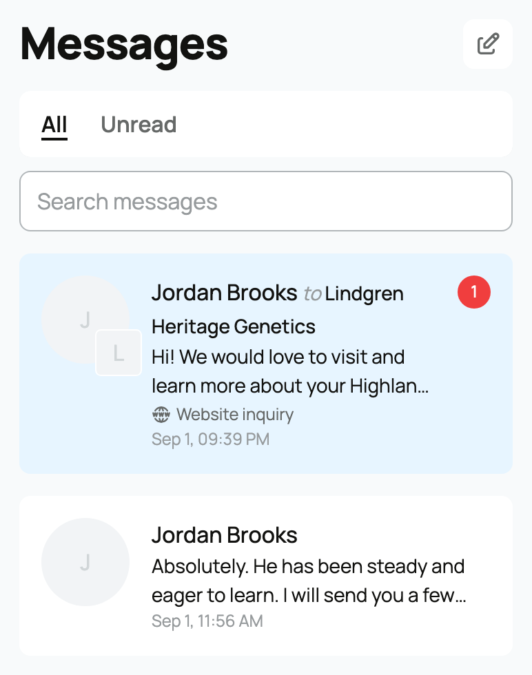 The Messages toolbar with All, Unread, and Search messages