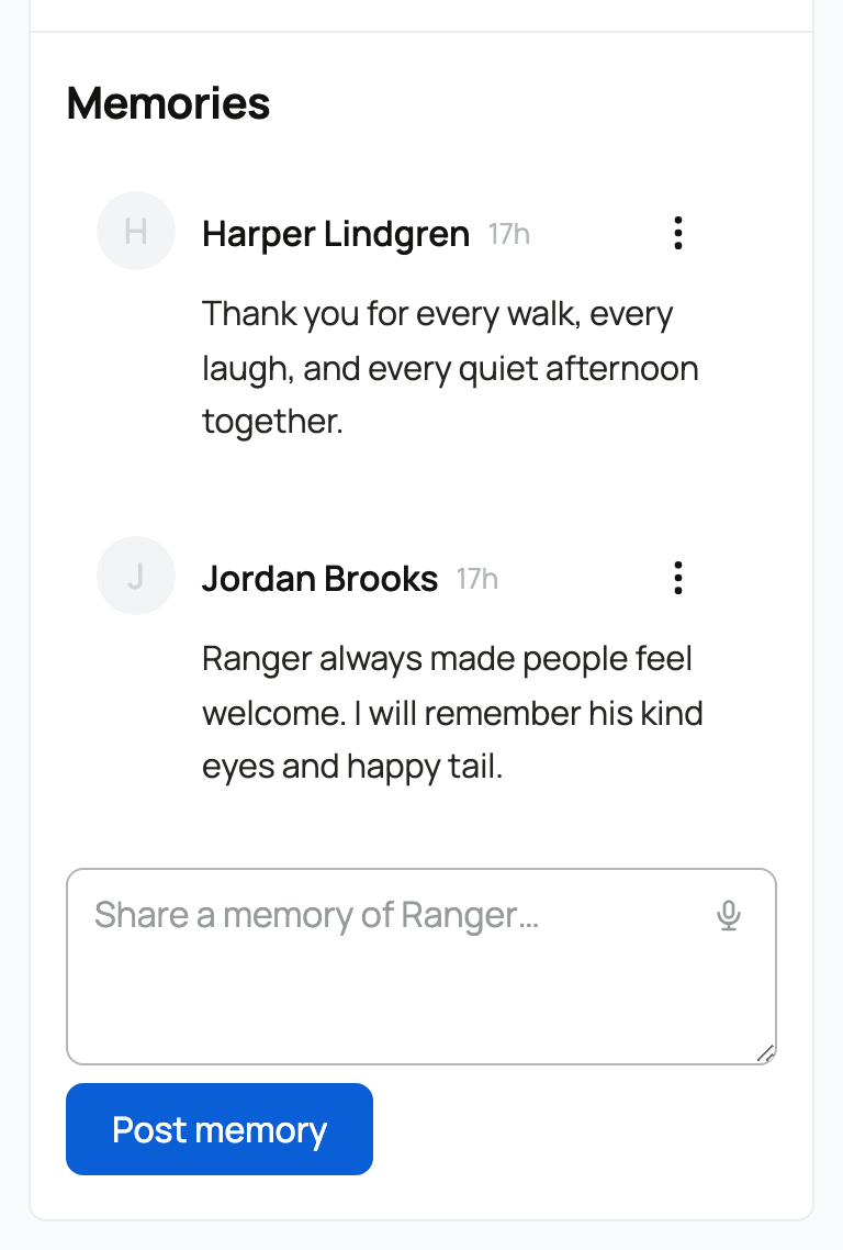 The Memories section with tributes, the Share a memory of Ranger box, and Post memory