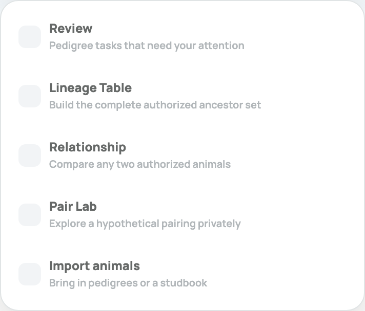 Pedigree Studio Tasks menu with Review, Lineage Table, Relationship, Pair Lab, and Import animals