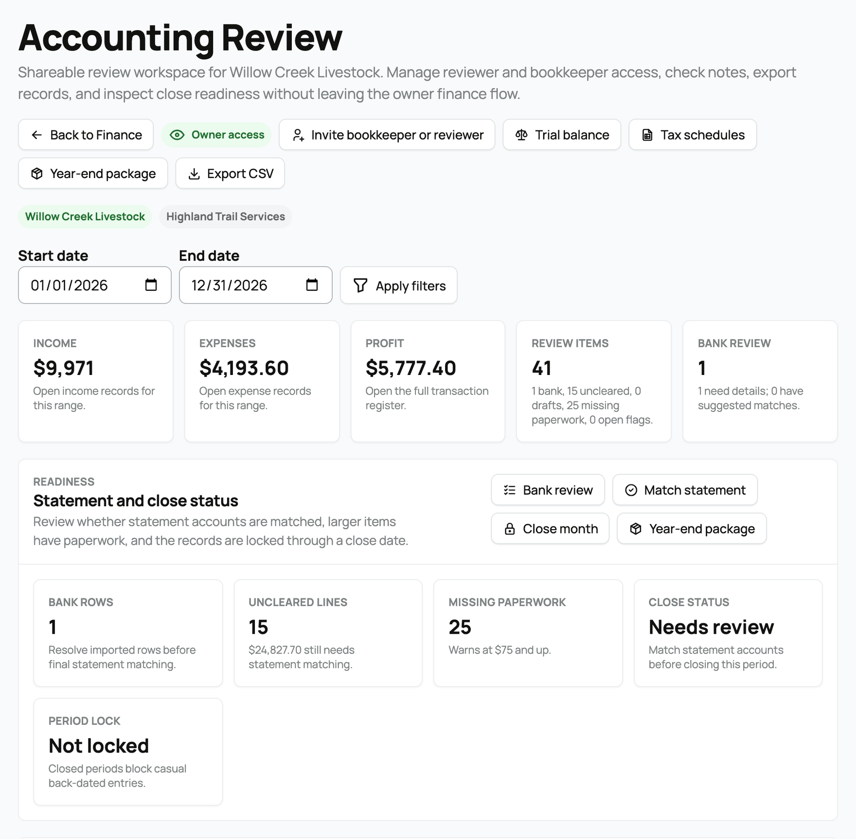 Accounting Review with date filters, income, expenses, profit, review items, and close status