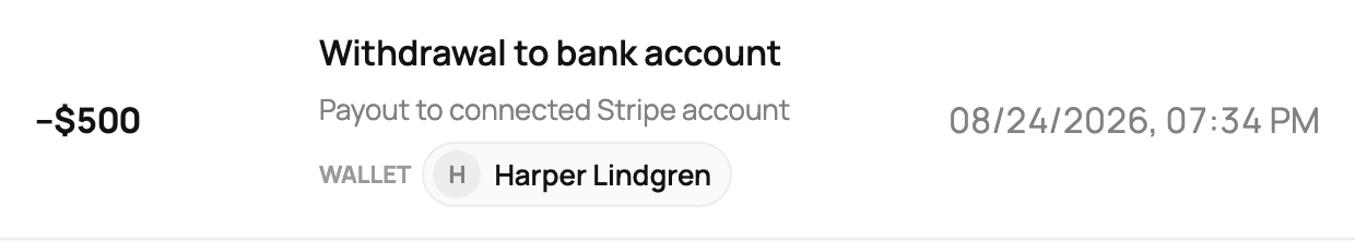 Wallet activity row showing a withdrawal to a bank account