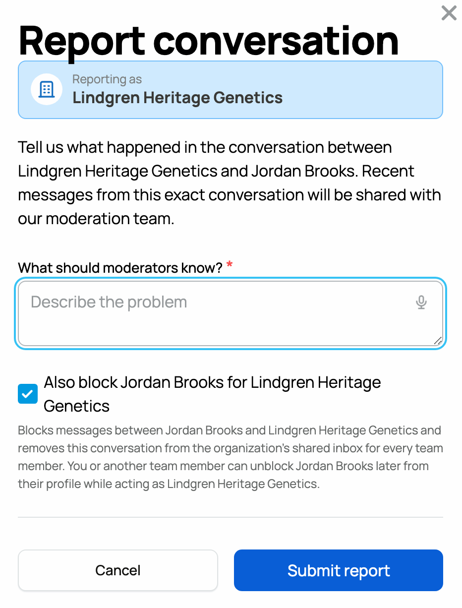 The report form showing Reporting as Lindgren Heritage Genetics, the explanation field, and Also block Jordan Brooks for Lindgren Heritage Genetics