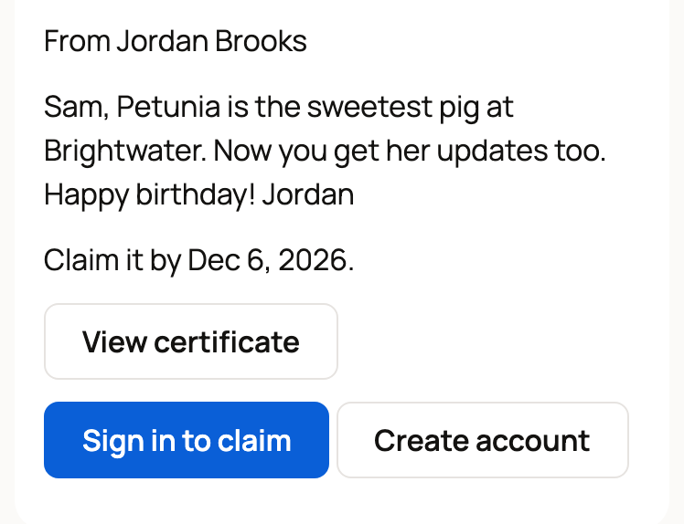 The same gift page signed out, with Sign in to claim and Create account buttons
