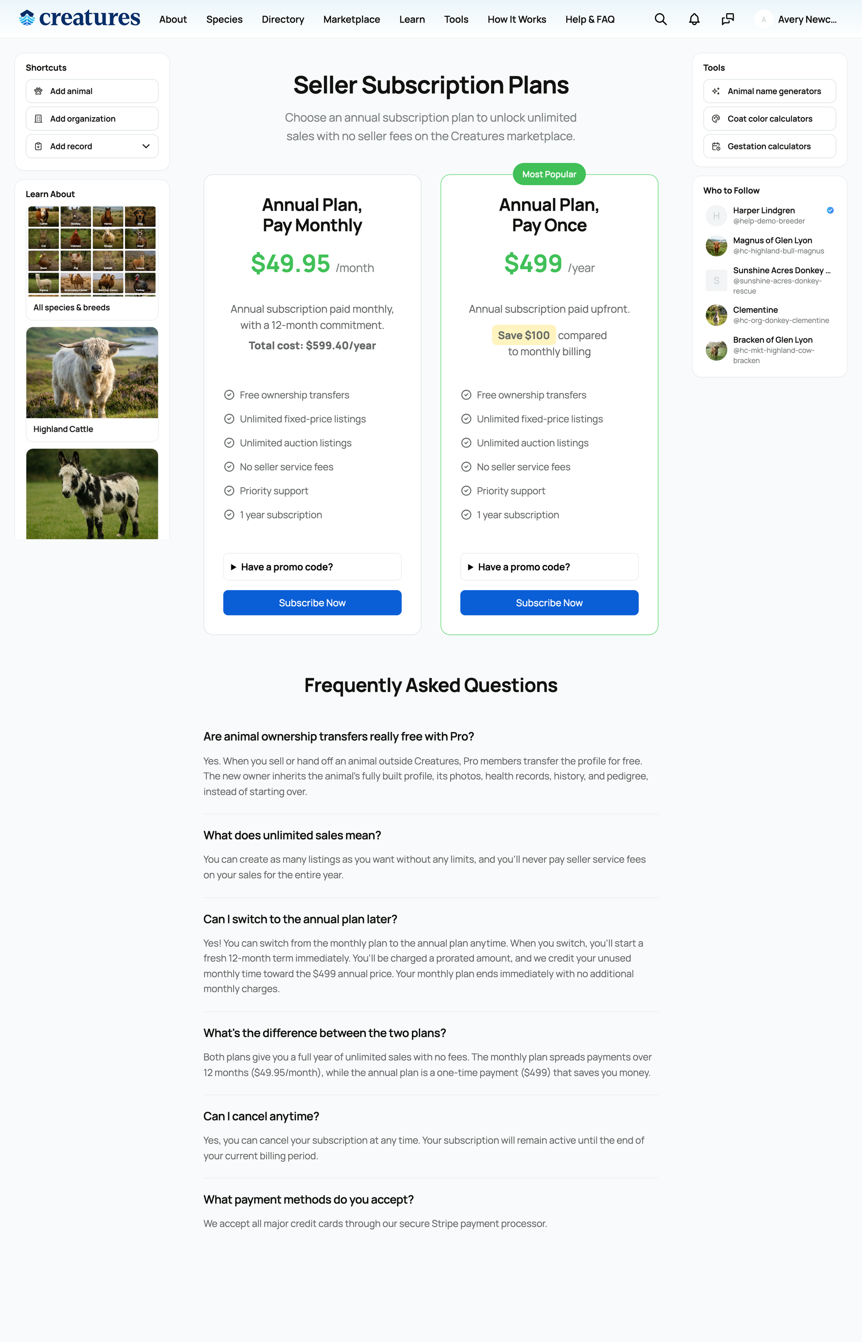 The Creatures Pro plans and pricing
