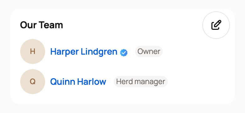 Our Team with the edit pencil, Harper Lindgren as Owner and Quinn Harlow as Herd manager