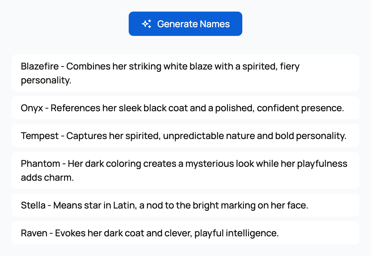 Generated horse names with a short explanation for each suggestion