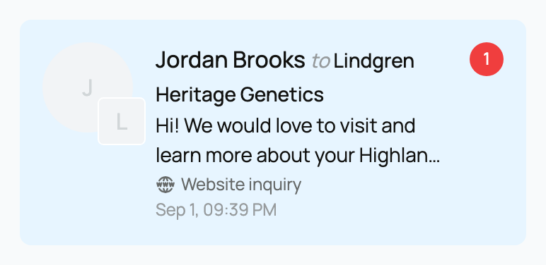 An unread Website inquiry from Jordan Brooks in Messages for Lindgren Heritage Genetics