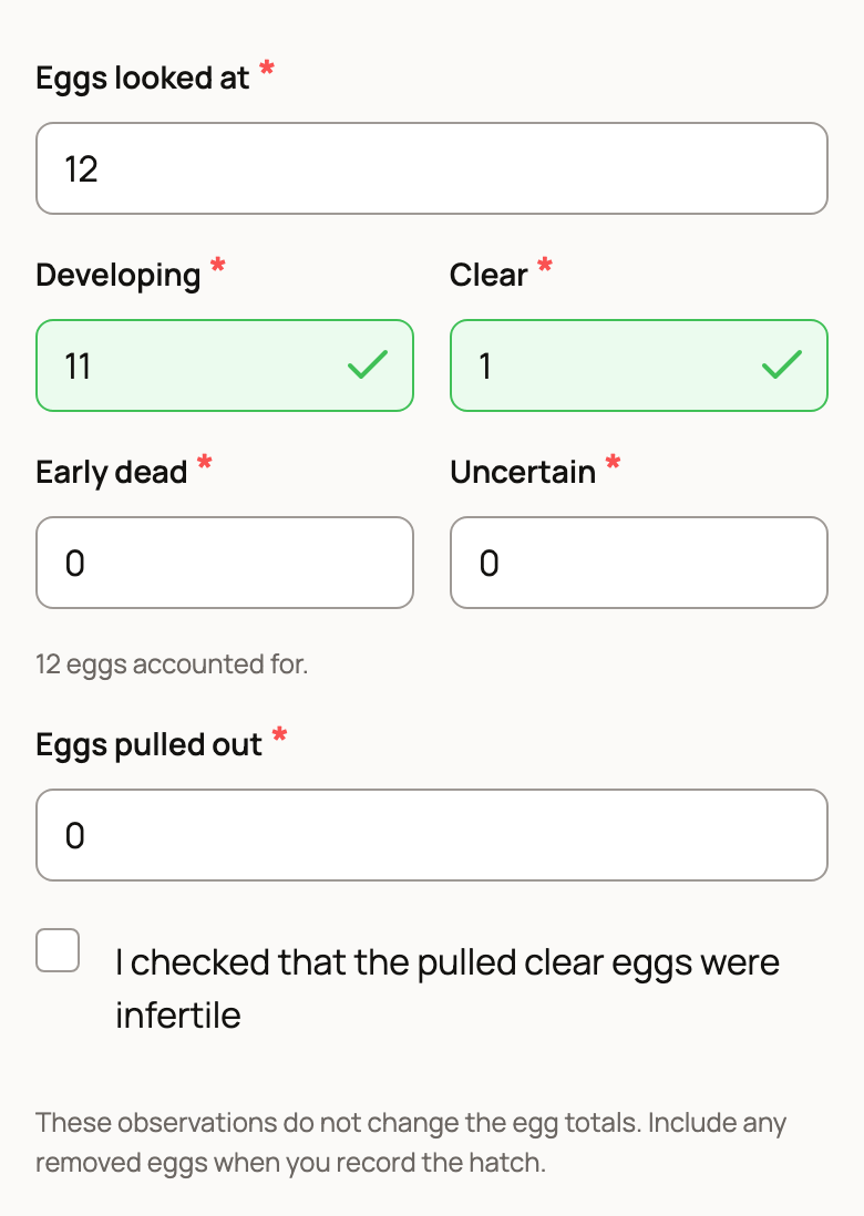 Candling counts with 11 developing and 1 clear of 12 eggs