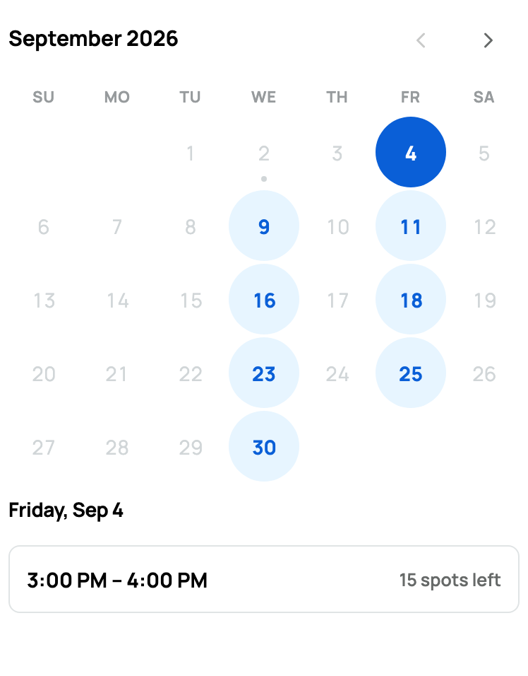 Embedded guest booking picker with available dates and session times