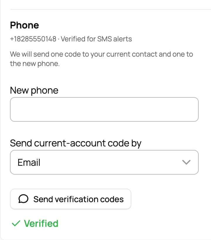 Phone settings with New phone, code delivery, Send verification codes, and Verified status