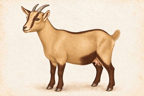 Illustration of a chocolate cou clair chamoisee Nigerian Dwarf doe: tan body, throat, chest and front belly with brown face stripes, dorsal stripe, rear belly and lower legs.