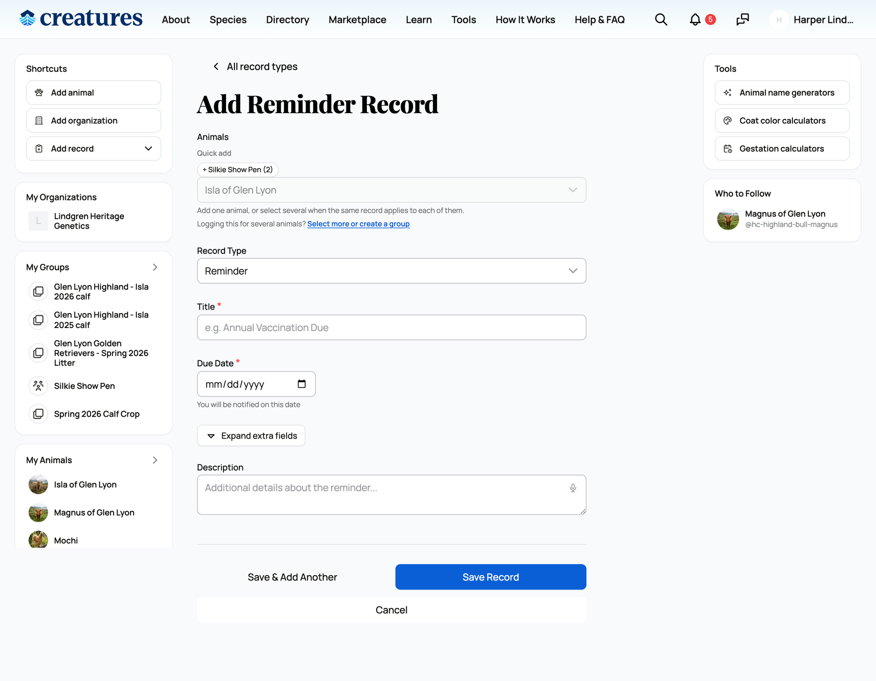 The reminder record form