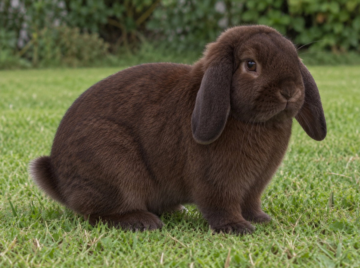 Seal Holland Lop on a plain domestic garden lawn.