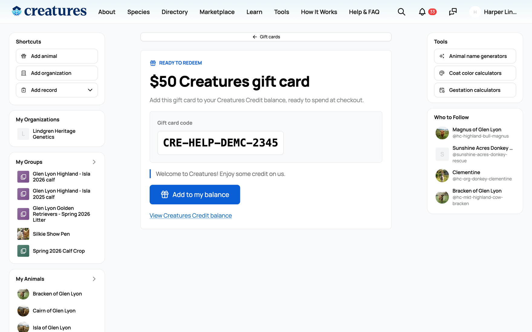 Redeeming a gift card code