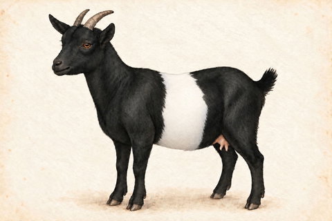 Illustration of a Nigerian Dwarf doe: black coat with one broad irregular white belt around the mid-body.