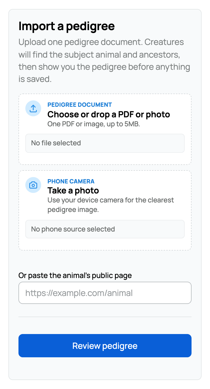 Add by importing a pedigree with file, phone, and public-page choices