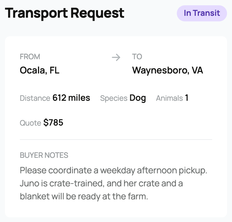 An in-progress Creatures transport request