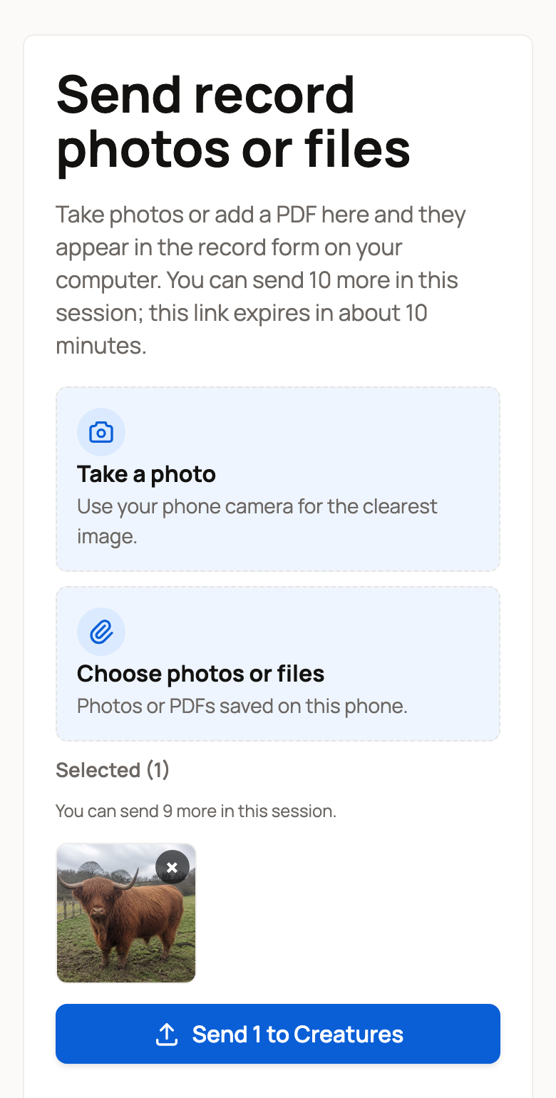 Phone upload page with Take a photo, Choose photos or files, one photo selected and Send 1 to Creatures