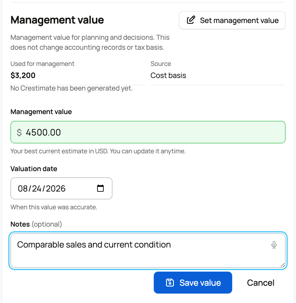 Management value editor with amount, valuation date, notes, and the planning-only explanation