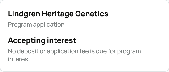 Program application notice saying no deposit or application fee is due for interest