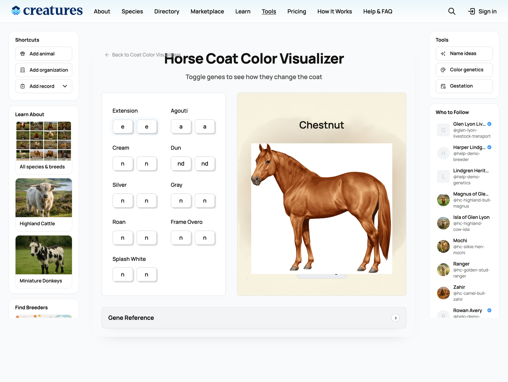 The horse coat color visualizer with its gene toggles