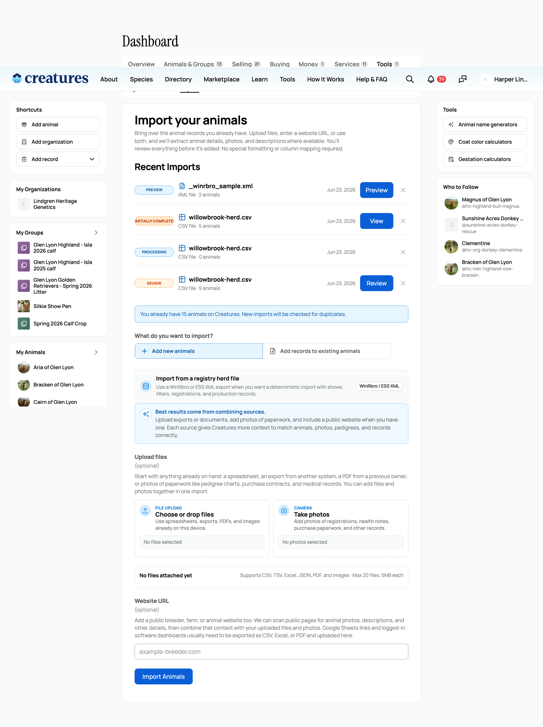 The Import upload screen: the intent toggle, the dropzone, the website URL field, and the file limits