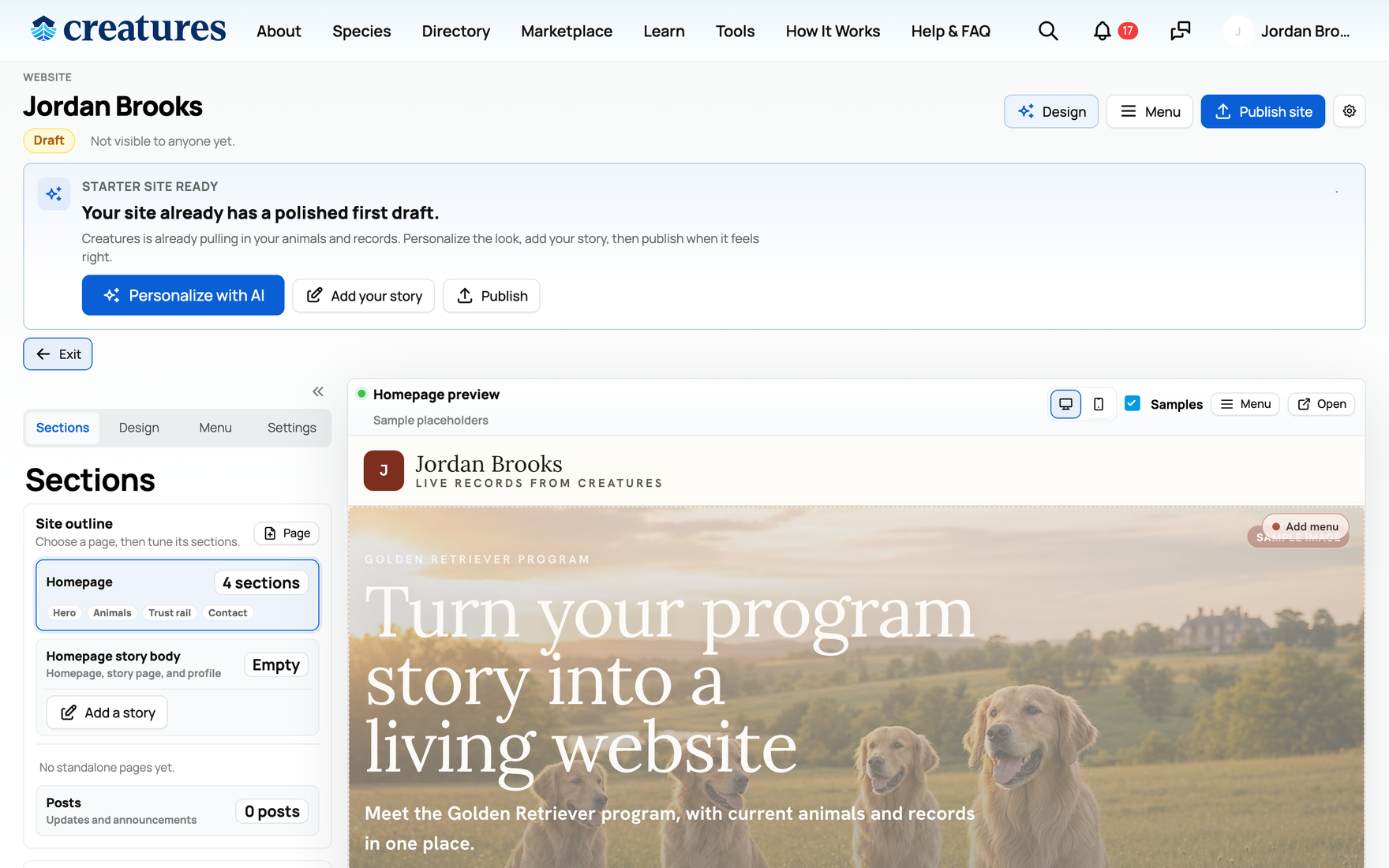 The builder on a brand-new site, with the "Starter site ready" nudge