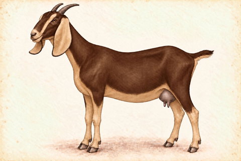 Illustration of a Nubian doe with brown black and tan swiss coloring.