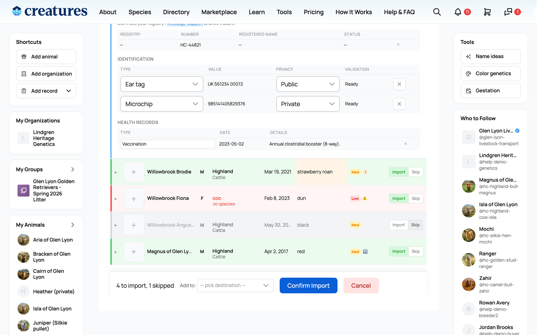 The identification sub-table on a draft row: Type, Value, Privacy, and Validation for each identifier
