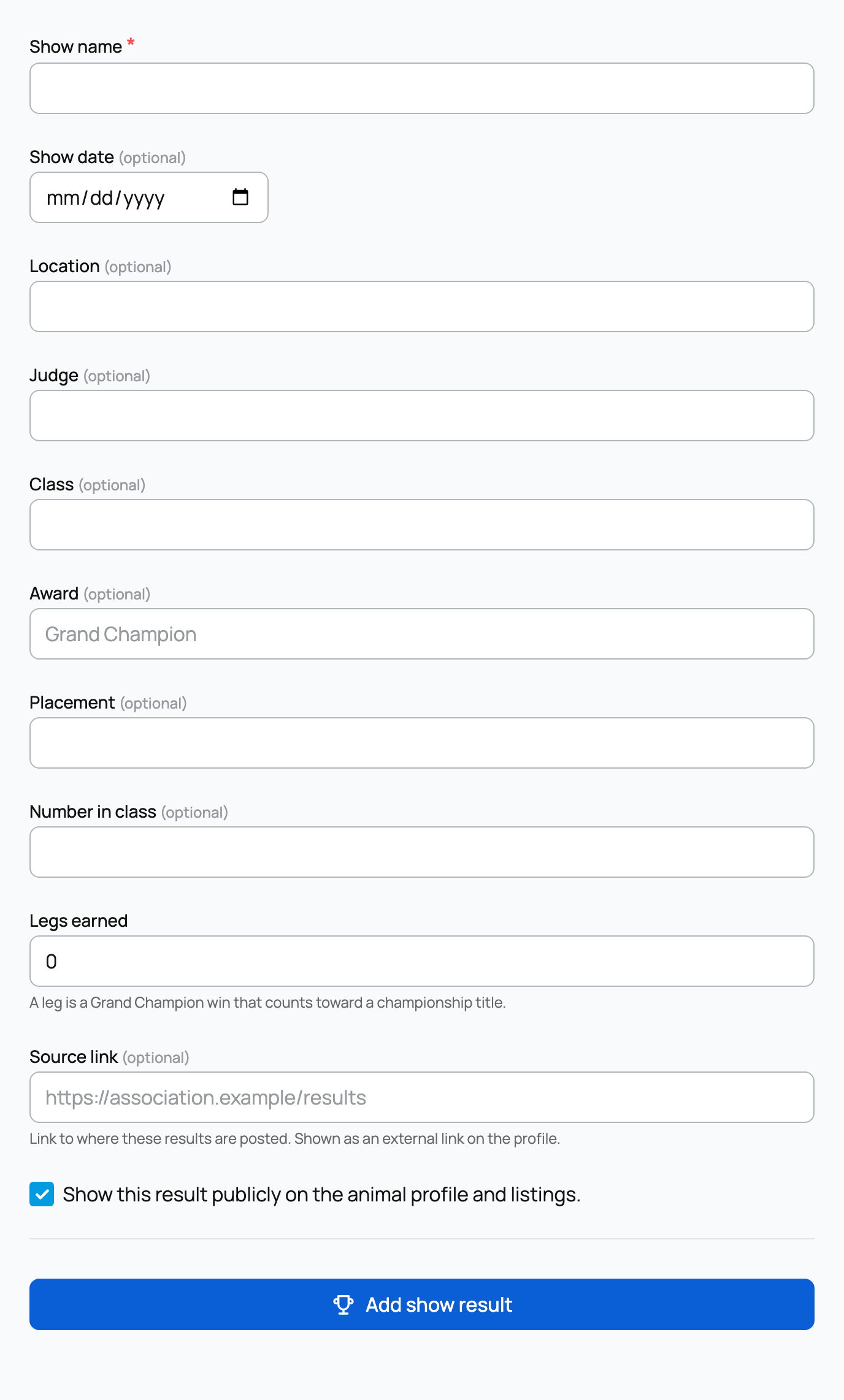 The form for self-reporting an off-platform show result