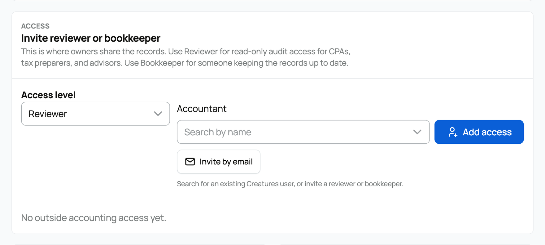 Accounting access panel with Reviewer, Bookkeeper, Add access, and Invite by email controls