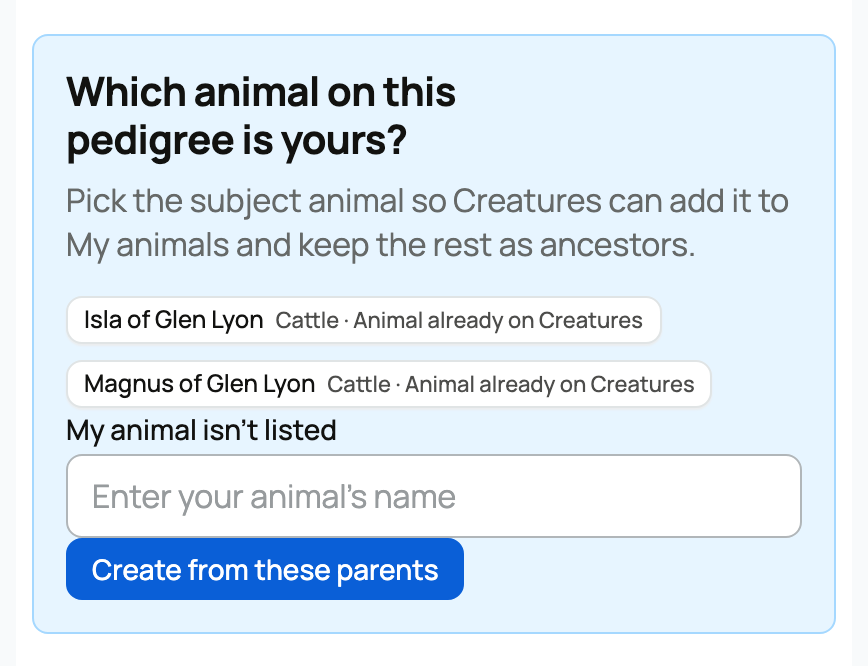 Subject choices showing animal names and existing-profile matches