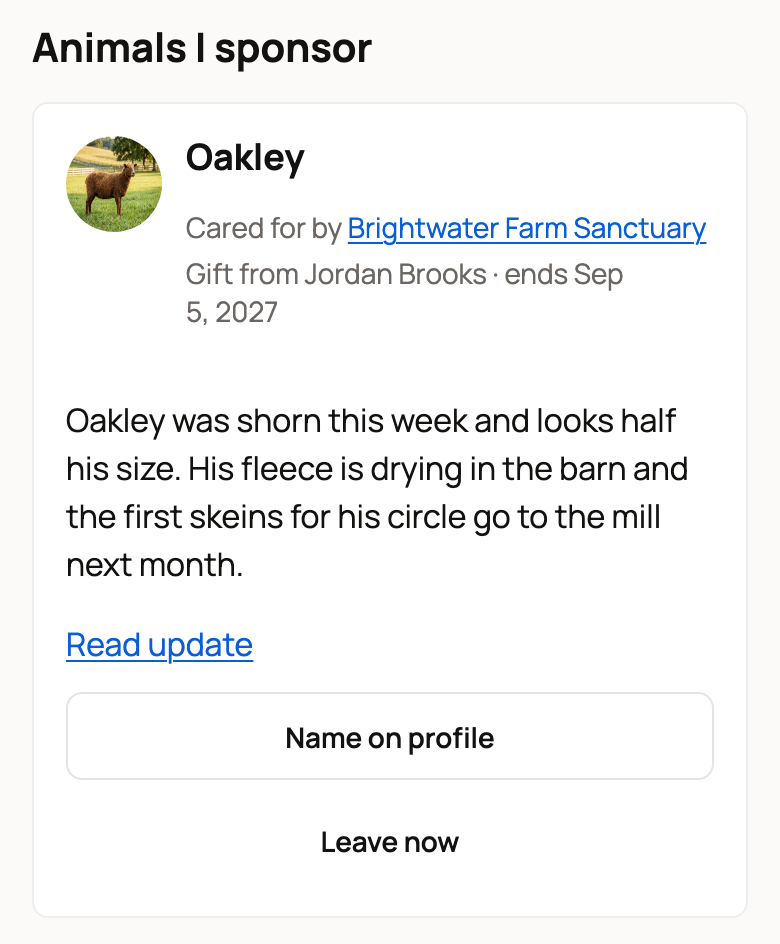 Oakley's card reading Gift from Jordan Brooks, ends Sep 5, 2027, with his latest update and the Name on profile button