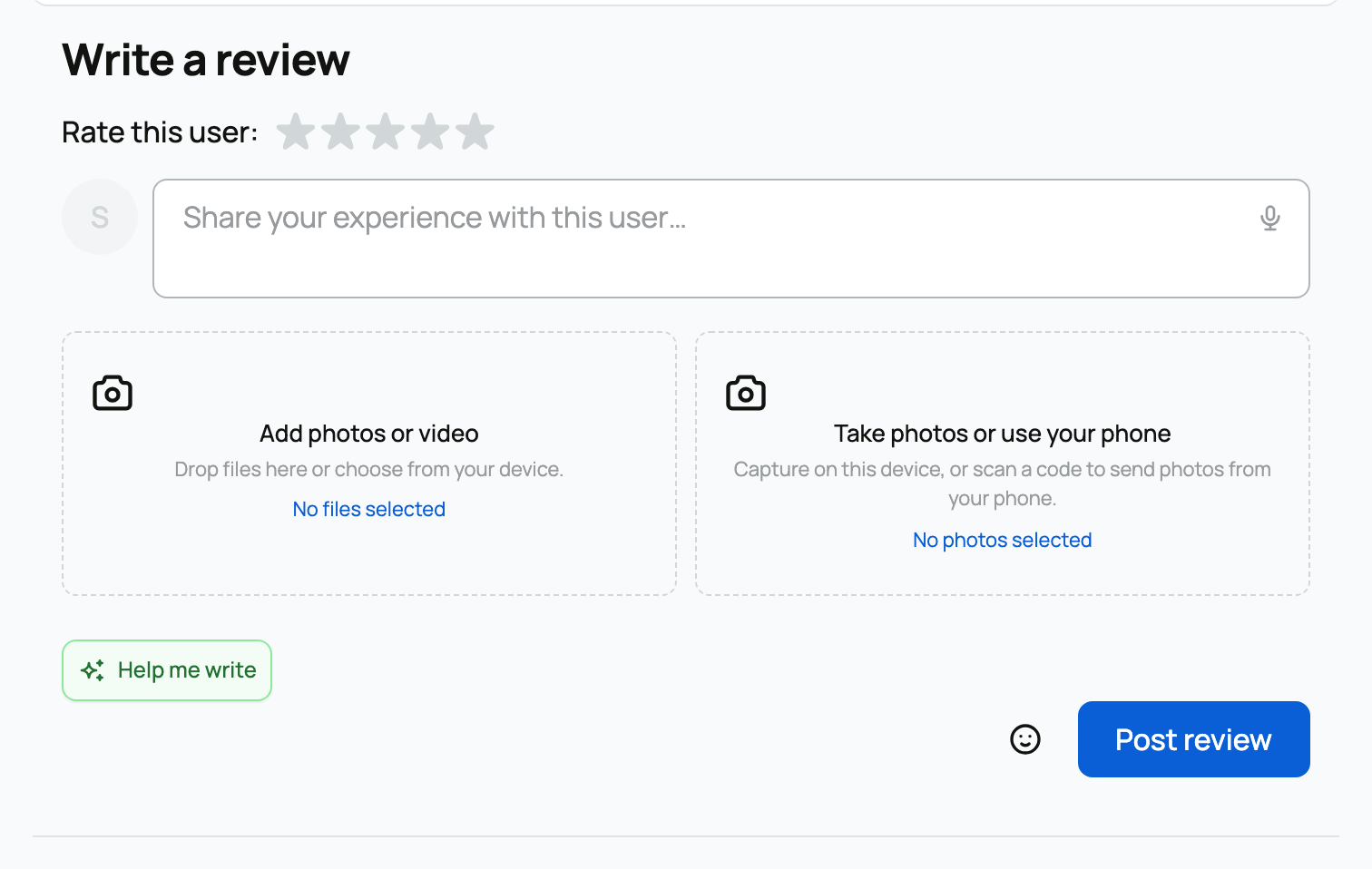 Profile review composer with rating, message, media choices, and Post review