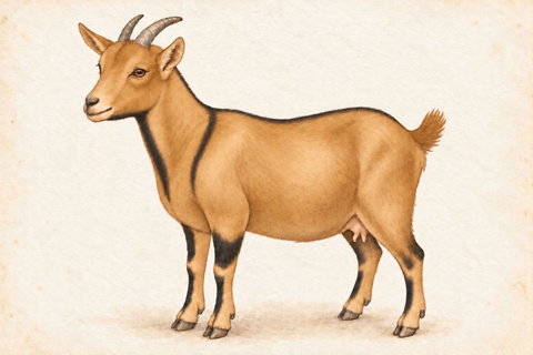 Illustration of a buckskin chamoisee Nigerian Dwarf doe: golden-tan face, body, belly and entire tail; narrow black chin/throat, shoulder, dorsal and front leg markings.
