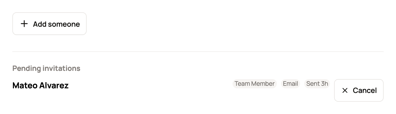 Pending invitations listing Mateo Alvarez as Team Member, sent by email, with a Cancel button