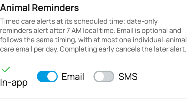 Animal Reminders row with In-app enabled, Email on, and SMS off