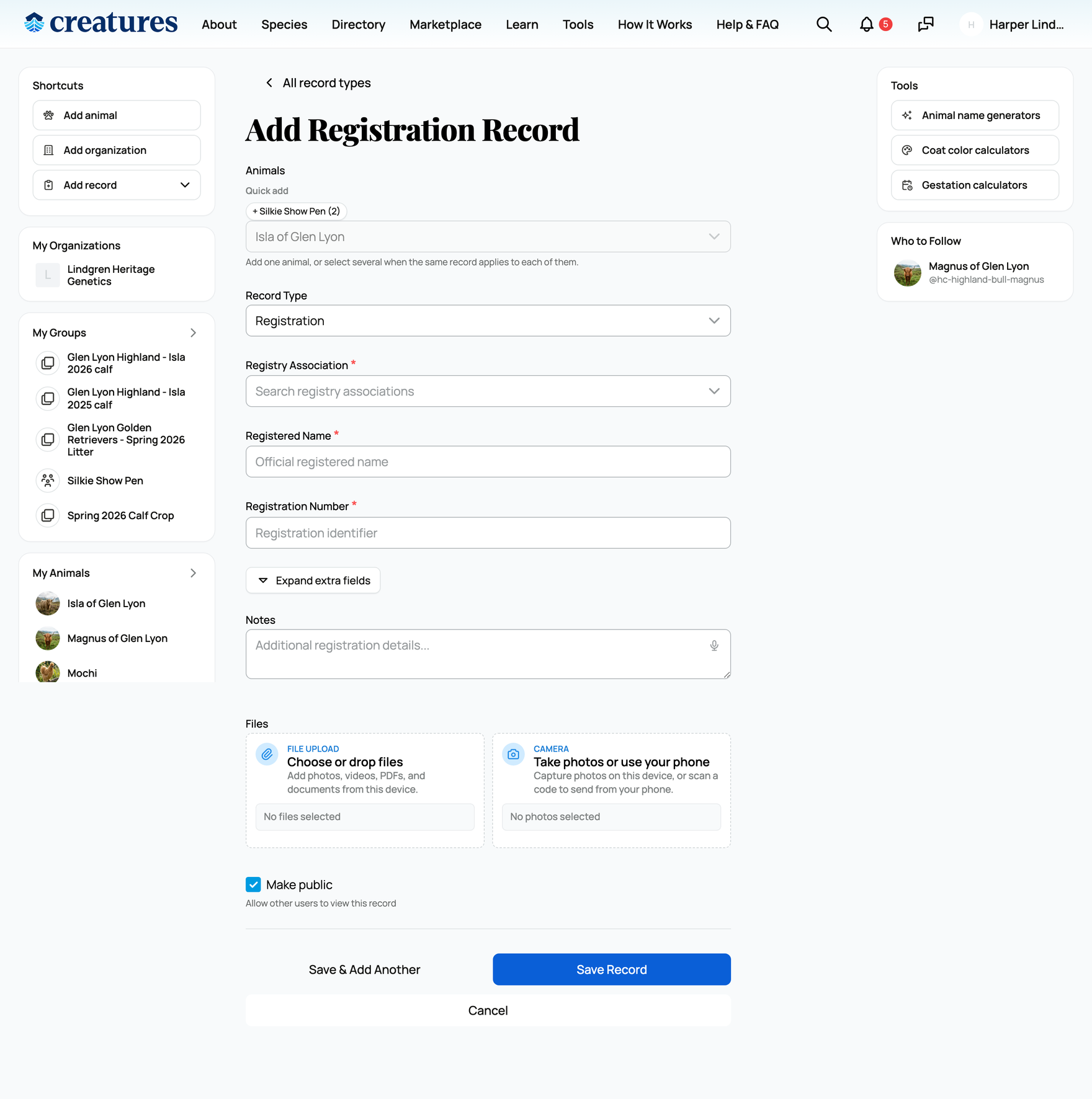 The registration record form