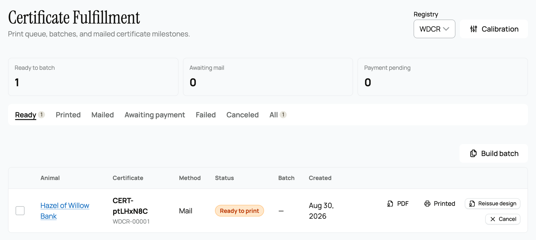 The certificate fulfillment queue with one realistic paid order