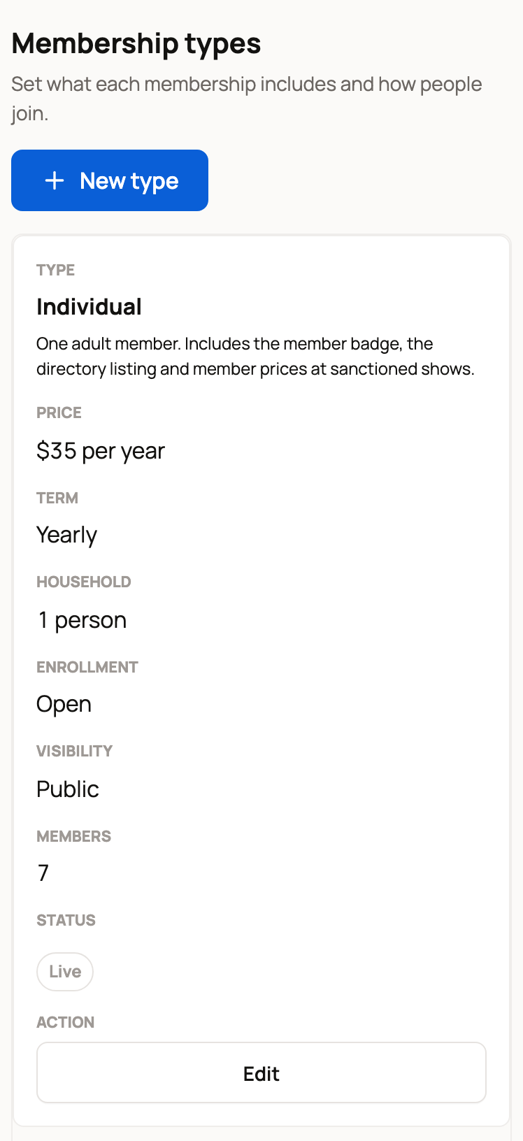 Membership types on a phone, with the Individual type at $35 per year marked Live