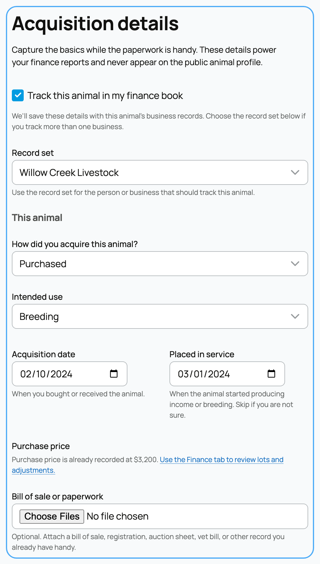 Animal setup details with acquisition type, date, intended use, and the already-recorded purchase price notice