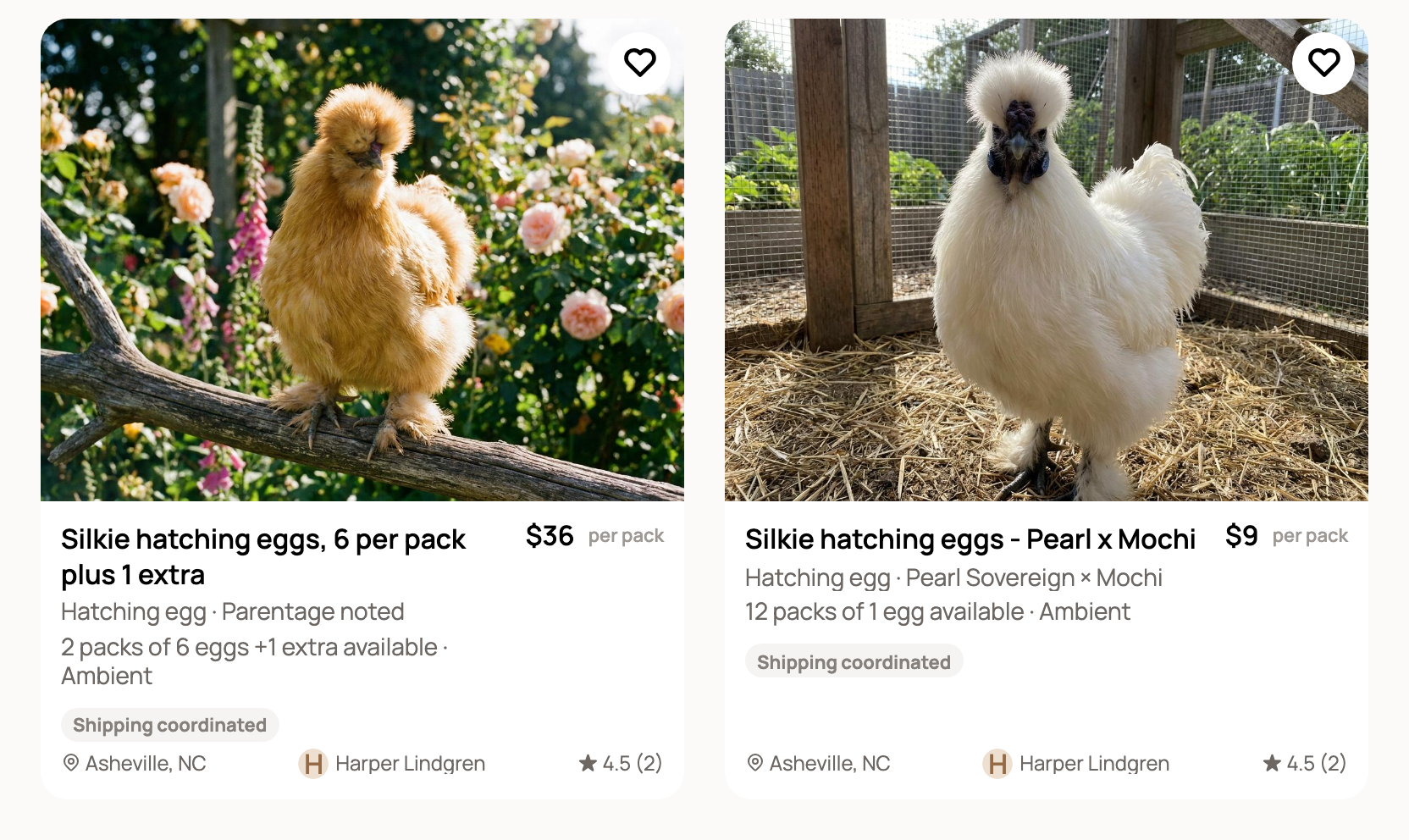 Two Silkie hatching egg listings on the Eggs tab, priced per pack