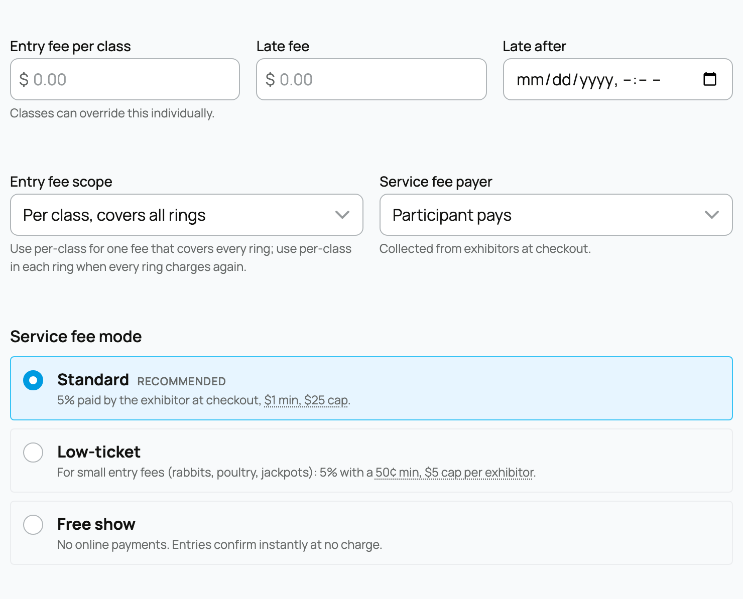 The entry fee fields: scope and service fee mode