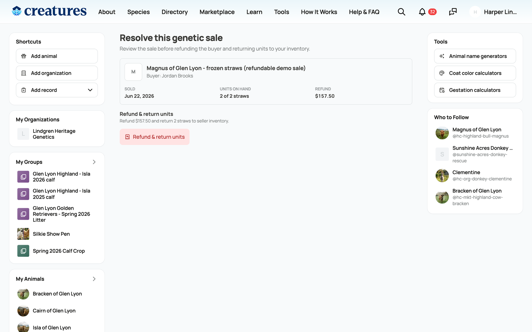 Resolving a genetic sale: review the units on hand and refund amount, then refund and return units