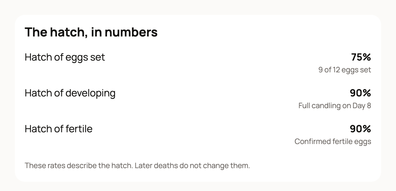 The hatch, in numbers: 75% of eggs set, 90% of developing and 90% of fertile eggs hatched