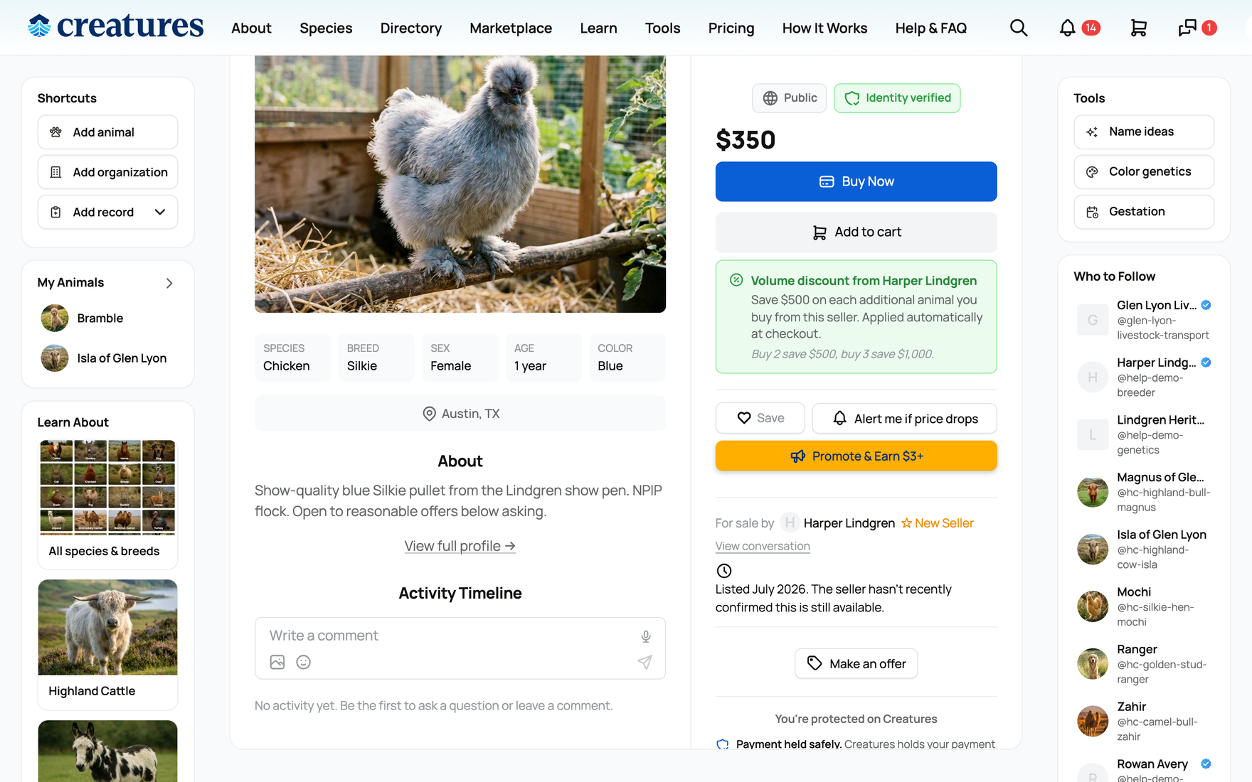 The price-drop bell and a seller's volume discount on a listing