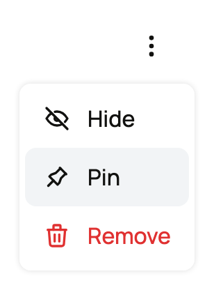 The tribute actions menu with Hide, Pin, and Remove