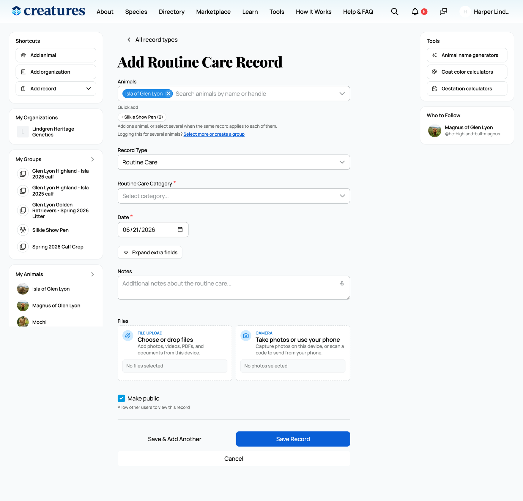 The routine care record form