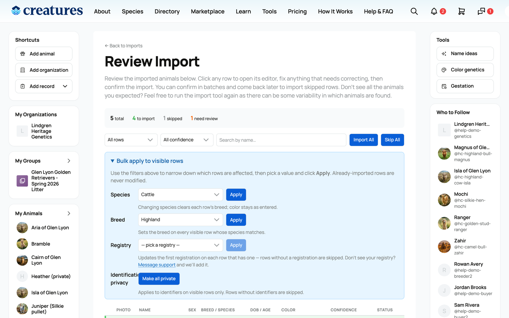 The Bulk apply panel: set species, breed, or registry across visible rows, and Make all private for identifiers