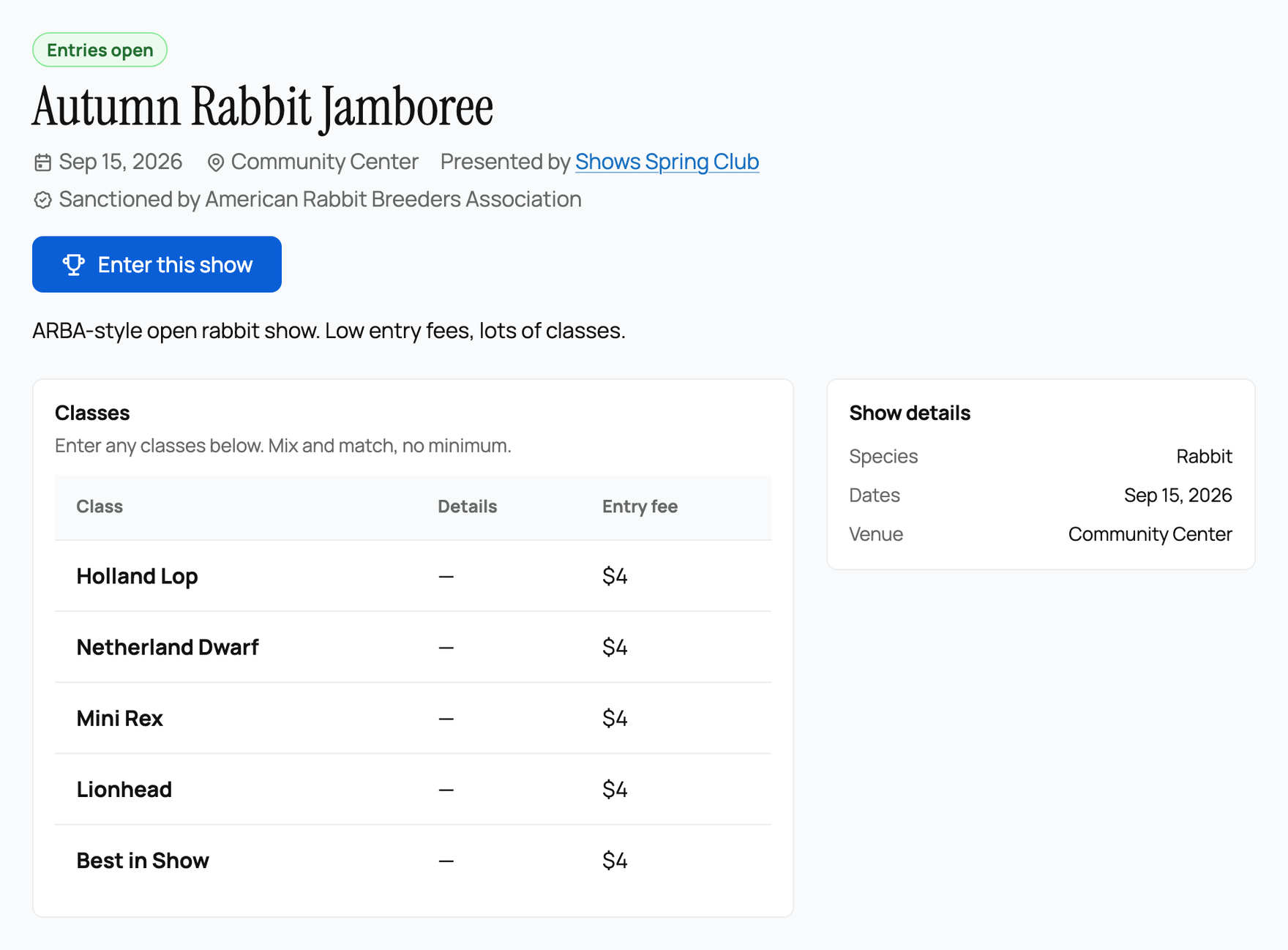 A public show page with its class list and the Enter button
